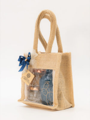 Idea bomboniera Orcio Blu e mini marmellate in pochette juta